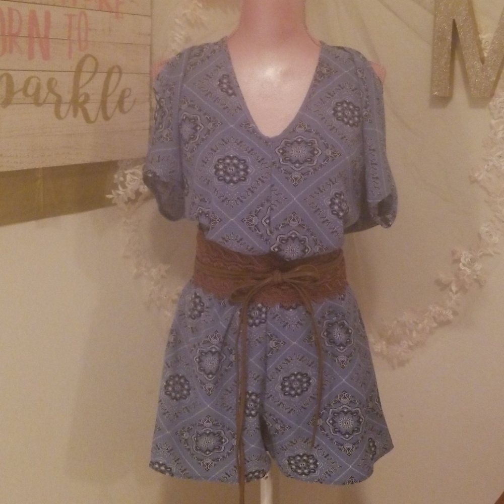 Blue Handkerchief Cold Shoulder Romper - Picture 7 of 7